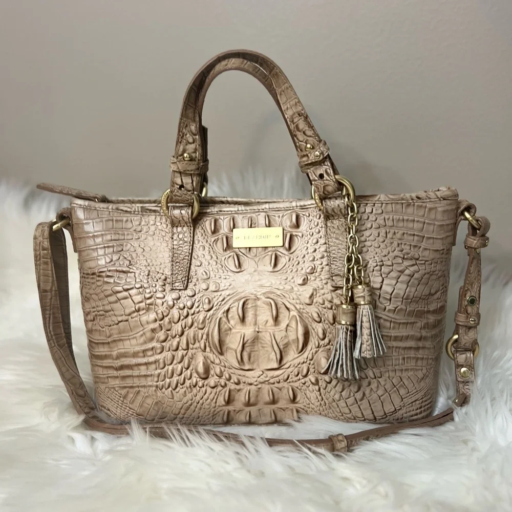 Brahmin Crocodile-Embossed Cream Satchel